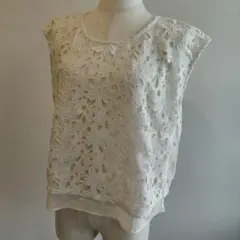 花柄レース編みトップス　シフォン素材×レース　Mサイズ　ホワイト