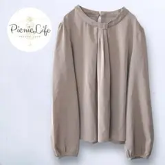 美品❤ 長袖ギャザーシフォンブラウス バンドカラーシャツ オフィス プルオーバー
