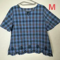 青系チェック 半袖シャツ M
