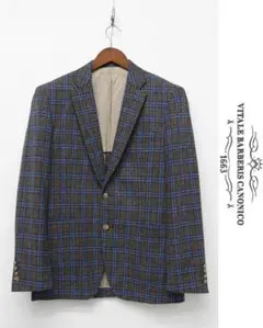 Q206/美品 カノニコ ツイード ジャケット チェック イタリア製生地 L 青