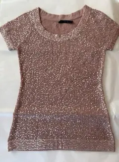 【新品】DONNA KARAN ダナキャラン スパンコール 半袖ニット ピンク