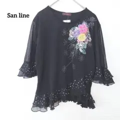 San line 【新品】 花柄 刺繍 ビジュー ブラック カットソー M～L