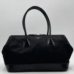 ✨美品✨ プラダ ハンドバッグ 三角ロゴ ナイロン×レザー ブラック 腕かけ