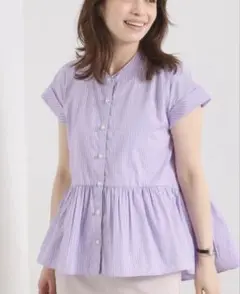 WORLD 接触冷感/手洗い可　ストライプぺプラムブラウス