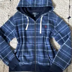 【美品】XL ポロラルフローレン　パーカー　フード　ジップ　チェック　刺繍　青