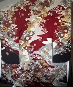 正統派 古典柄 振袖 単品 赤×黒 四季の花文様 身丈165cm