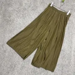 2683 ワイドパンツ ガウチョパンツ カーキ M 総ゴム ゆったり 光沢