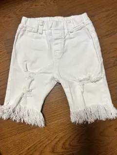 ホワイト フリンジ付き ダメージパンツ