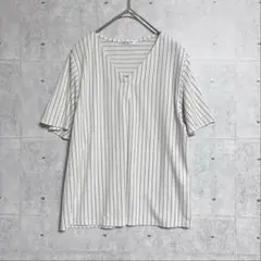【GLACIER】半袖ブラウス (M) Vネック フレアスリーブ ストライプ