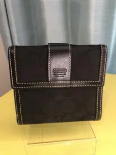 【美品】COACH 二つ折り財布 シグネチャーキャンバス×レザー ブラック