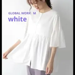 GLOBAL WORK フレンチリネン混チュニック　5分袖 ホワイト