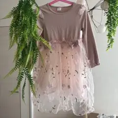 4-5Y ピンク 刺繍チュールワンピース