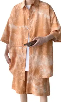 セットアップ メンズ Lサイズ夏服 Tシャツ 半袖 ジャージ 上下セットオレンジ