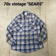 70s希少ヴィンテージ　USA製SEARSシアーズ　衿芯入　長袖チェック　L 青