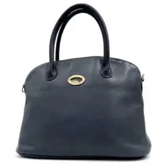 LONGCHAMP ドーム型 ハンドバッグ ゴールドロゴ金具 オールレザー 紺
