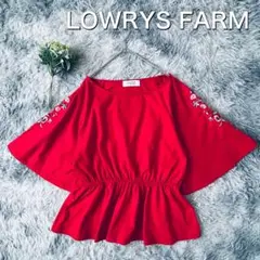 LOWRYS FARM フレアスリーブぺプラム花柄刺繍カットソー（L）赤
