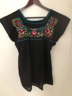 ★最終お値下げ★Mexico メキシコ刺繍シャツ 黒/緑⑤