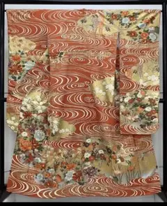 正絹振袖 身丈161/裄66.5/オレンジ系金箔/金駒刺繍/スコッチガード/手縫