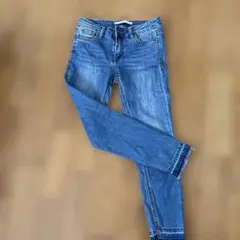 フリンジ裾 スキニーデニム 青