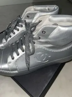 CHANEL ナイロン×パテントレザーハイカットスニーカー シルバー レディース