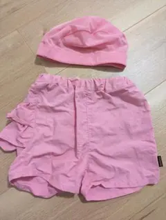 ピンク 水泳帽 フリル付きショートパンツ セット