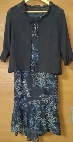 アンサンブル 花柄ノースリーブワンピース＆シアーカーデ七分袖11号　美品