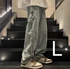 L グレー ワイド ダメージ加工 デニムパンツ 【人気商品】ズボン 星 ジーンズ