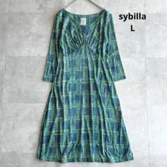 美品✨シビラ スモールスクエアプリントワンピース ストレッチ マルチカラー L