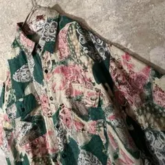 【個性派古着】総柄 シルク100％ 2XL 半袖シャツ グリーン×ピンク