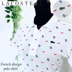 LACOSTE ラコステ ポロシャツ ホワイト S ワニ ロゴ 総柄 コットン