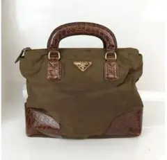 PRADA プラダ ナイロン ロゴプレート 型押し レザー トート ハンドバッグ