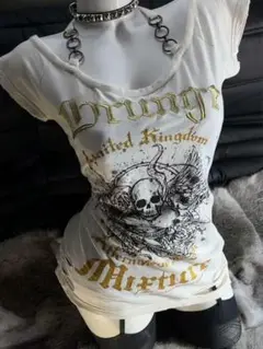 y2k 平成ギャル スカル 英字プリント Tシャツ ピチT 00s ダークコア