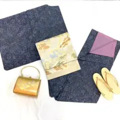 〔4984〕着物 紬風小紋 化繊 袷 黒色 棒えり 単品販売