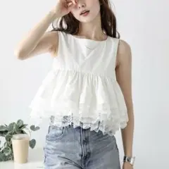 AMELY レース フリル ティアード ノースリーブ トップス