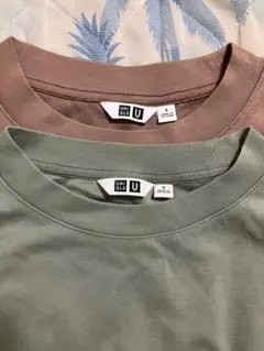 エアリズムコットンオーバーサイズTシャツ/5分袖 2枚セット S 緑薄赤茶