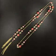 L78 ピンク系ロングネックレス タッセル付き