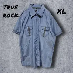 a086　【TRUE ROCK】ワークシャツ　ブルー　エポレット　XL　輸入古着
