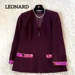 極美品✨ レオナール ノーカラージャケット ファスナー付き トリム ウール L