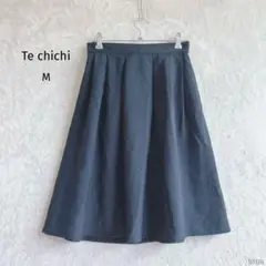 テチチ ウエストマーク リボン フレアスカート【M】膝丈 バックゴム タック 紺