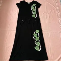 葉柄プリント 半袖ロングワンピース 黒