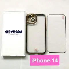 iPhone 14 ケース 強化ガラス保護フィルム1枚付き クリア×黒×金