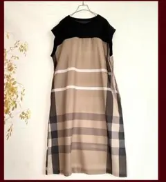 新品☆大きい タータンチェック ロングワンピース ジャンスカ/黒×ベージュM～L