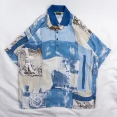 ビンテージ古着 イタリア製 80s ハーフボタン 写真 船 レトロ 総柄シャツ
