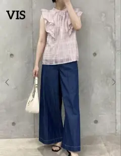 ビス【Ｆ】ノースリーブシャツ シアーチェックフリルブラウス ハイネック ピンク