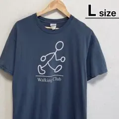 USA古着　Tシャツ　L　グレーネイビー　プリント　ウォーキング　イラスト　ロゴ