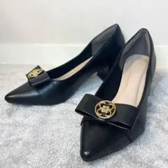 美品✨VIVIAN ポインテッドトゥ パンプス 黒 S 高見え リボン×ゴールド