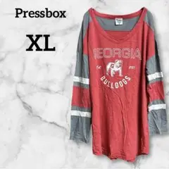 Pressbox【XL】赤 グレー 長袖Tシャツ ブルドッグ カジュアル