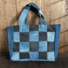 ハンドメイド　デニム チェック柄 トートバッグ