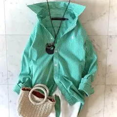 美品 ラルフローレン スポーツ コットンストライプシャツ ポニー刺繍 グリーン