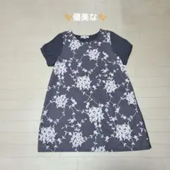 #美品✨キレイ✨優美な✨groveの花柄 半袖チュニック ネイビーMサイズ